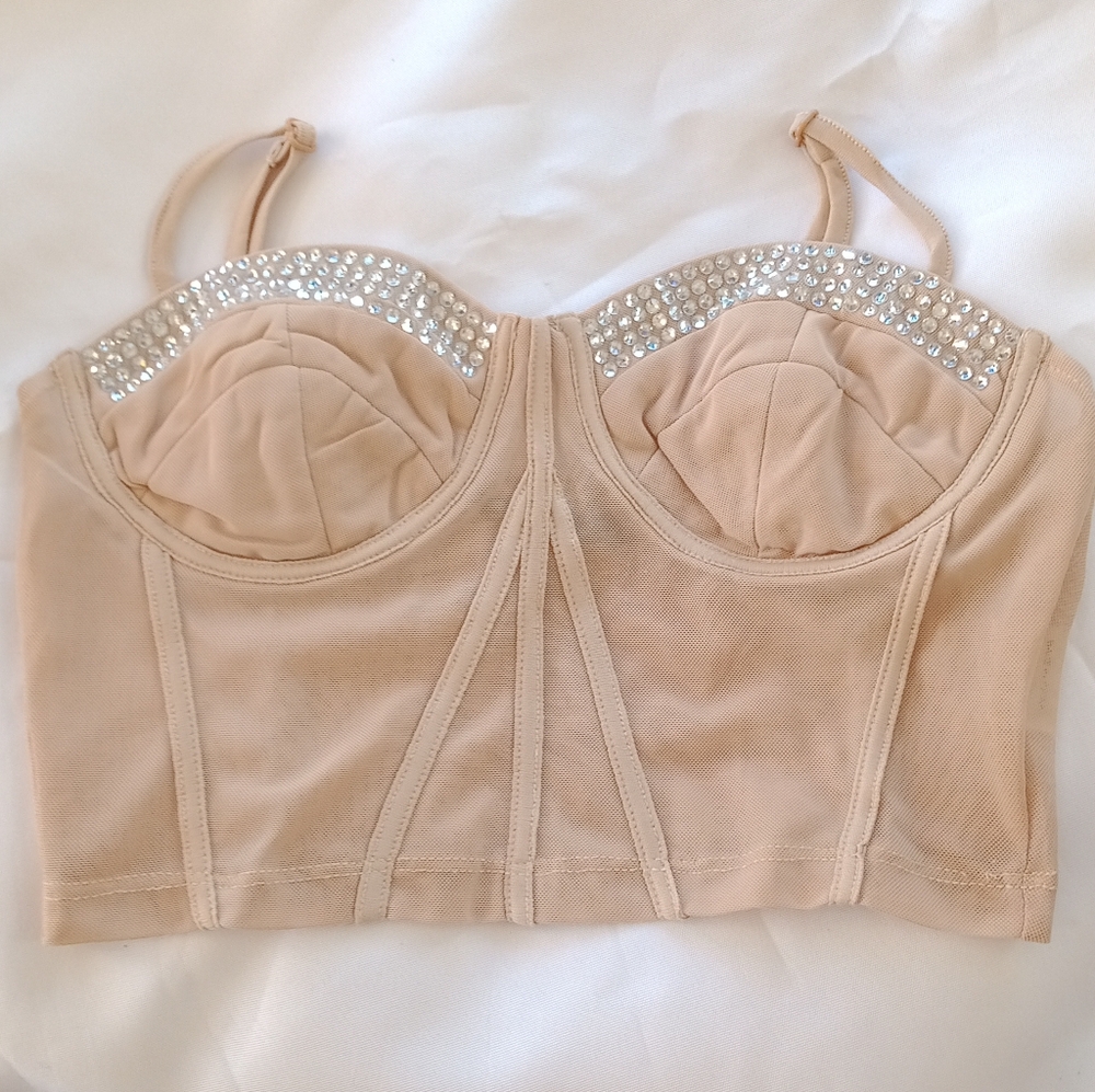 Lightly Padded Sheer Nude Mesh Lace Bralette Bustier Rhinestone Corset Bra XS 2